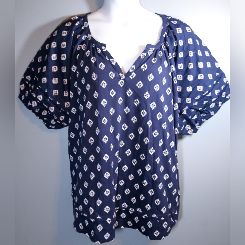 Lane Bryant 26/28 Navy Boho Print Peasant Top Puff Sleeve Plus Size - Picture 4 of 14